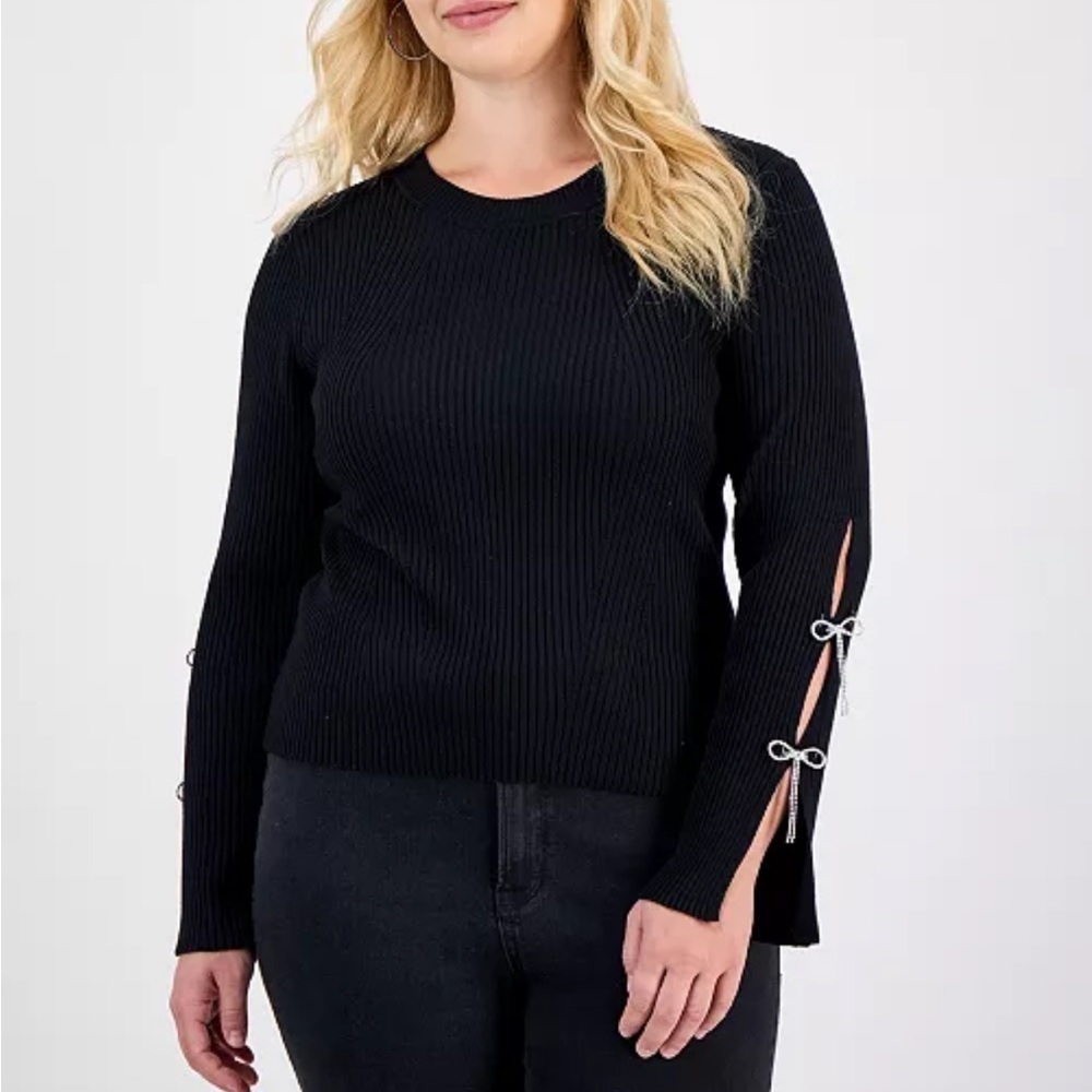 Madden Girl
Trendy Plus Size Rhinestone Bow-Sleeve Ribbed Sweater